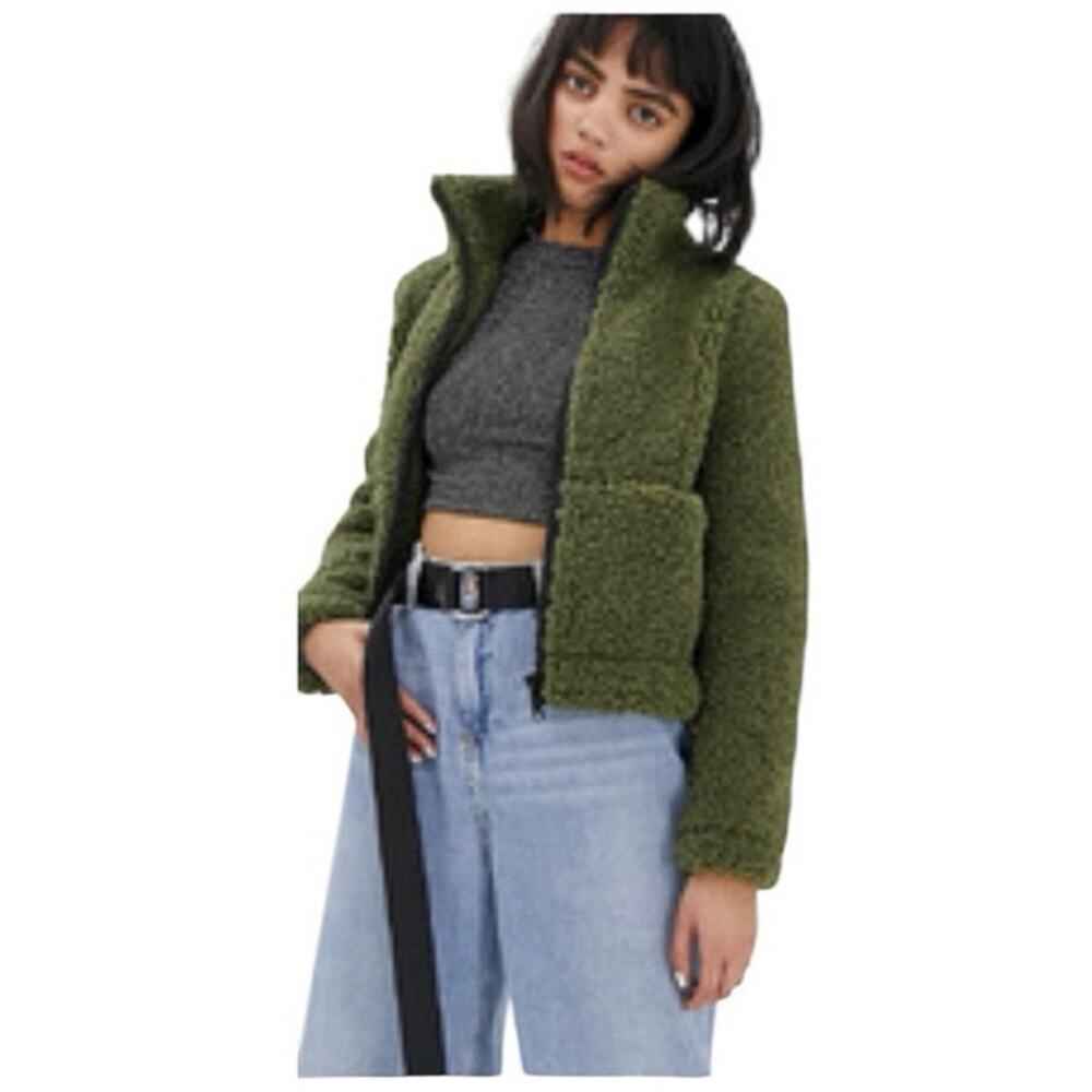 NOISYMAY Teddy Fleece Full Zip Fall Jacket Army Green EUC Women’s Size Small